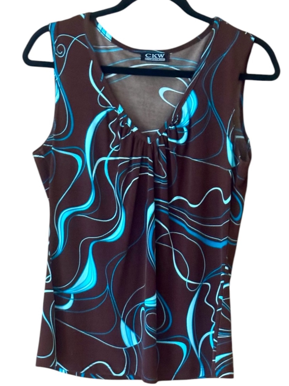 Y2K Abstract Swirl Tank Top Size L Brown Blue Ruched⁠